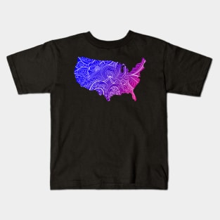 Colorful mandala art map of the United States of America in blue and violet Kids T-Shirt